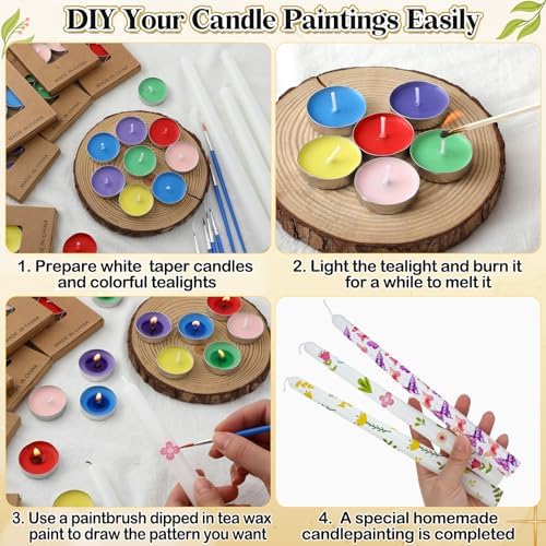 MTLEE 78 Pcs DIY Candle Painting Kit Include 12 White Taper Candles 60 Colored Tealight Candles 6 Paint Brushes for Crafts Birthday Wedding Party Favors(Multi Color)