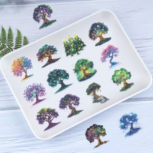 50pcs Fantasy Magic Tree Stickers Pack – Clear Waterproof Scrapbook Decals for Journaling, Diary, Collage, Laptop, Water Bottle, Planner, Aesthetic Nature Forest Tree of Life Sticker