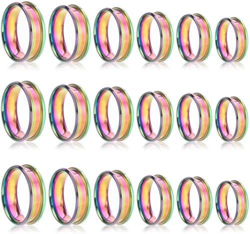 SUNNYCLUE 1 Box 18Pcs Ring Cores Inlay Ring Blanks Stainless Steel Rainbow Color Grooved US Size 7/8/9/10/11/12 Round Empty Jewelry Findings for Jewelry Making Kits Men Women