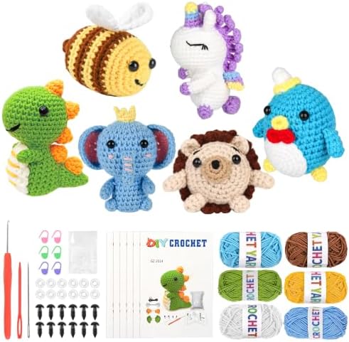 hisucbetter 6Pcs Beginner Crochet Starter Kit, Creative Birthday Gifts for Adults & Kids, Popular DIY Patterns, 40% Extra Yarn Crochet Animals Kits with Step-by-Step Video Tutorials
