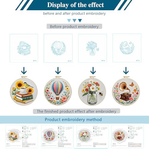 Zhenqing 4-Piece Floral Embroidery Kit for Beginners, Books Hot Air Balloon Wildflower Gramophone Needlework Set with Pre-Printed Fabric, Hoop & Threads (C0159)