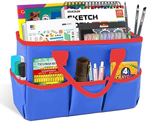 Desktop Tote and Organizer, Teacher Helper Bag for Arts, Books, Stationery, Office Desk, Make-up Storage with Handles for Travel (Blue)