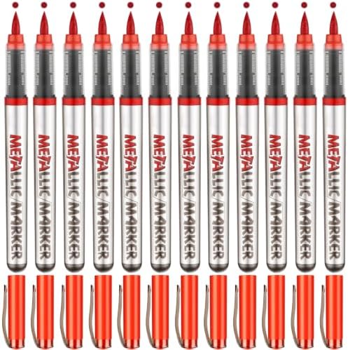 Metallic Acrylic Paint Markers, 12 Pcs Soft Brush Tip Marker Pens for Stone,Paper,Wood,Glass,Fabric Paint,DIY Crafts (12, Red)