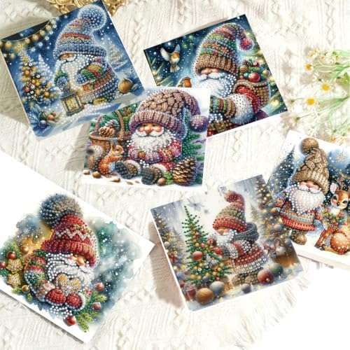 LSQFS 6 Pack Diamond Art Kits for Adults, Gnome Christmas Diamond Art Cards