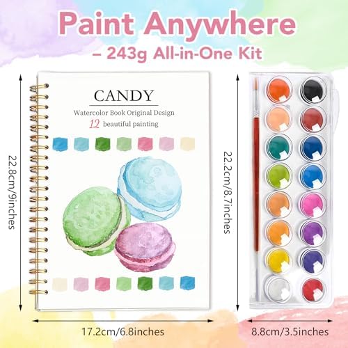 Easy Watercolor Workbook for Beginners - 12 Beautiful Step-by-Step Paintings Water Coloring Book, Includes 16 Colors Paints, Relaxing Art Projects and Creative Gift for Adults & Teen (Candy)