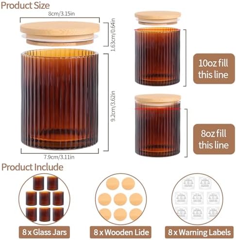Amber Candle Jars with Lids, 8-Pack 12oz Ribbed Glass Candle Containers