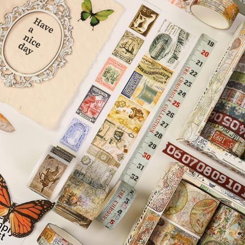 Vintage Washi Tape Set - 24 Rolls Arts Adhesive Tapes Assorted Retro Decorative Masking Tape Sets for Craft, Kids, Scrapbook, DIY, Gift Wrapping (2-Vintage Journey)