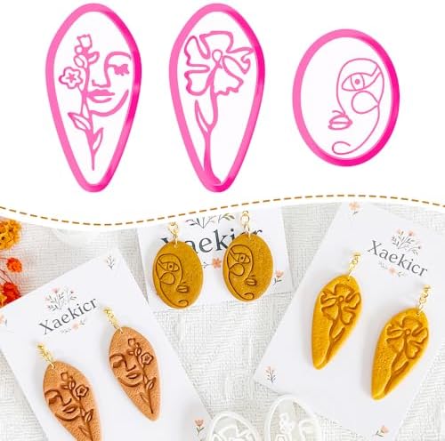 Xaekicr Abstract Face Polymer Clay Cutters Set – 3PCS Clay Earring Cutters with Floral Line Design – Embossed Polymer Clay Molds for DIY Jewelry and Crafts