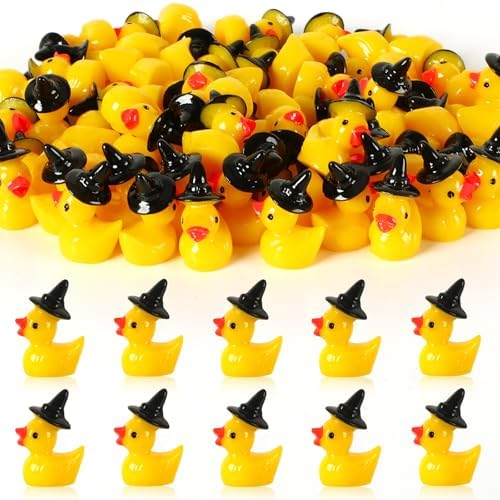 JUNEBRUSHS 50 Pcs Halloween Mini Resin Duck, Tiny Witch Ducks Miniature Witch Hat Duck Figurine for Halloween Crafts Home Table Decorations