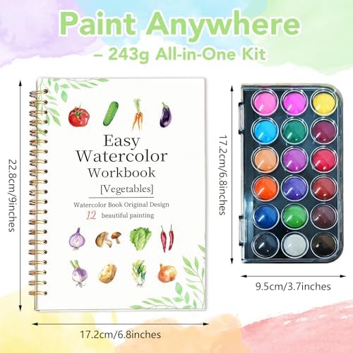 Easy Watercolor Workbook for Beginners - 12 Beautiful Step-by-Step Paintings Water Coloring Book, Includes 18 Colors Paints, Relaxing Art Projects and Creative Gift for Adults & Teen (Vegetables)