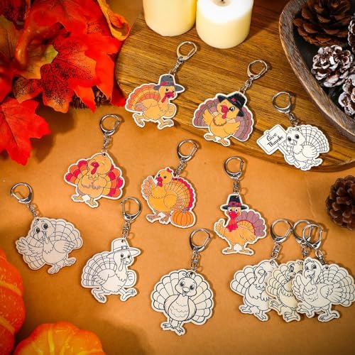 Trnayi 36 Pcs Thanksgiving Turkey Wood Keychain DIY Craft | Thanksgiving Turkey Wooden Keychain, Color Your Own Unfinished Craft, Blank Wood Painting DIY Craft, for Autumn Art Project