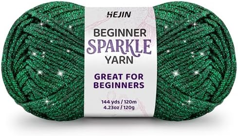 HEJIN 120g Green Sparkle Yarn for Crocheting and Knitting | 120m(144yds) for Beginners with Easy-to-See Stitches; Worsted-Weight Medium #4; Yarn for Beginners Crochet Kit Making