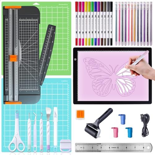 Convend All-in-one Craft kit for Beginners and Experienced Makers | Tools for Crafting Projects include a brayer, LED light pad, paper trimmer, craft knife, 24 pens, 3 adapters and 2 mats.