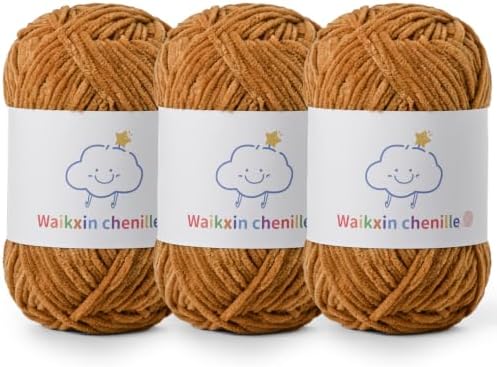 Skinny Chenille Yarn for Crocheting, 3 Pack of 1.75 oz/109 yds Amigurumi Yarn&Baby Yarn for Crocheting Soft, Fluffy Fingering Weight Velvet Yarn for DIY Crafts&Baby Blankets.(3 Light Tan)