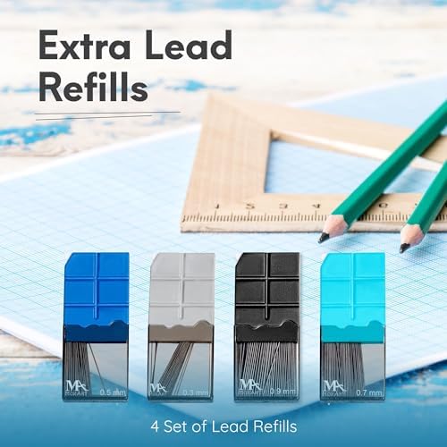 Mozart Essential Set of Lead Refills - 4 Sizes: 0.3, 0.5, 0.7 & 0.9 mm with 100 HB Lead Refills for Each - for Sketch, Architecture, Drafting, Art, Drawing Supplies, Metal Mechanical Pencils