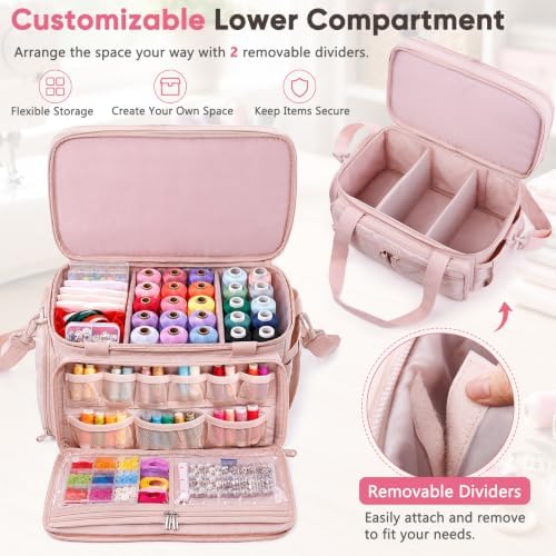 AMOIGEE Sewing Organizer Bag with 2 Clear Storage Boxes, Double Layer Sewing Storage Bag with Removable Pouches & Adjustable Dividers for Thread, Needles, Scissors, Embroidery Floss&Craft Accessories