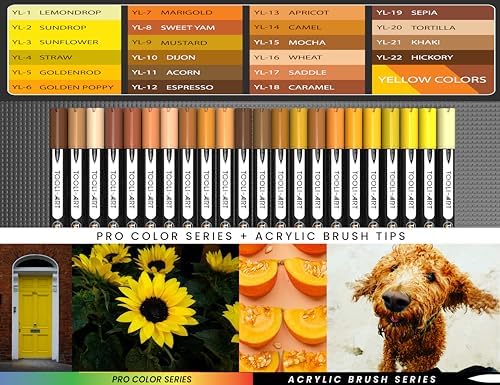 TOOLI-ART 22 Flexible Brush Tip Acrylic Paint Pens Markers Set 1-7mm Line for Rock Painting, Glass, Mugs, Wood, Metal, Canvas, Plastic. Non Toxic Waterbased Quick Drying Assorted Yellow