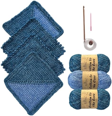 KnitPal Tunisian Crochet Dishcloth Kit for Beginners - Jean Blue + Sky Blue