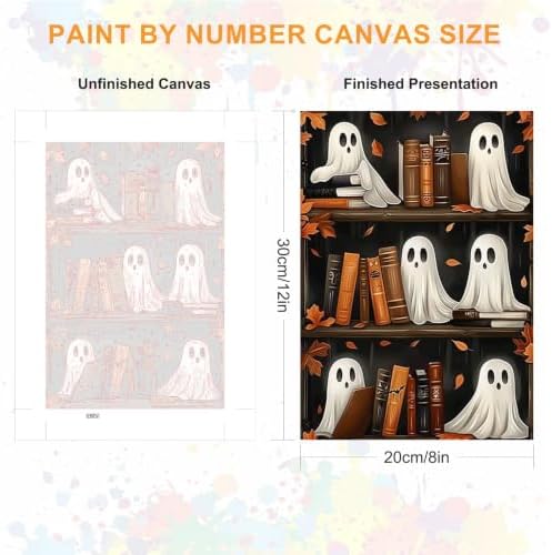 SENQAO Bookshelf Ghost Paint by Numbers Kit for Adults Beginner, Halloween Adult Paint by Number Kits on Canvas, DIY Acrylic Oil Easy Painting by Numbers for Home Wall Decor 8X12 inch (Book Ghost)