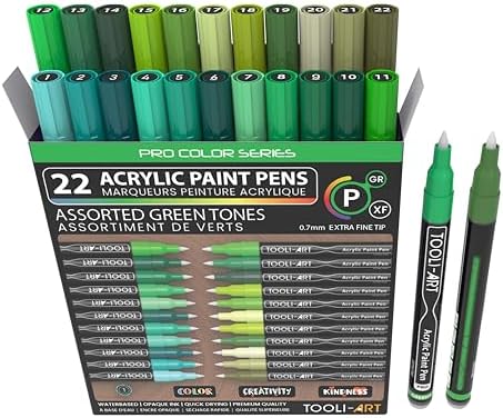 Acrylic Paint Pens 22 Green Tones Assorted Pro Color Series Markers Set 0.7mm Extra Fine Tip for Rock Painting, Glass, Mugs, Wood, Metal, Canvas, Projects, Non Toxic, Waterbased, Quick Drying