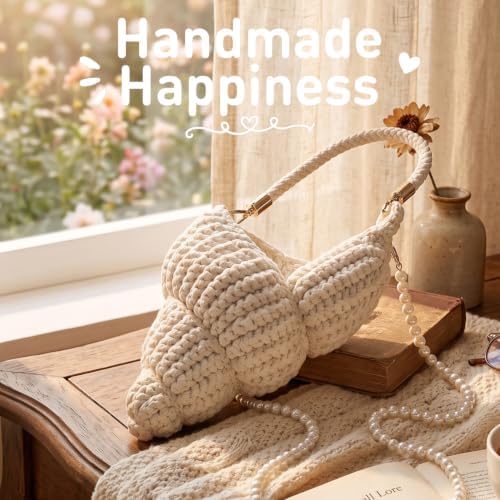 FACE N FACE DIY Crochet Conch Shell Crossbody Bag Kit for Beginners – Handmade Yarn Purse Making Set with Flat Rope, PU Leather Handle, Pearl Chain Strap & Instructions