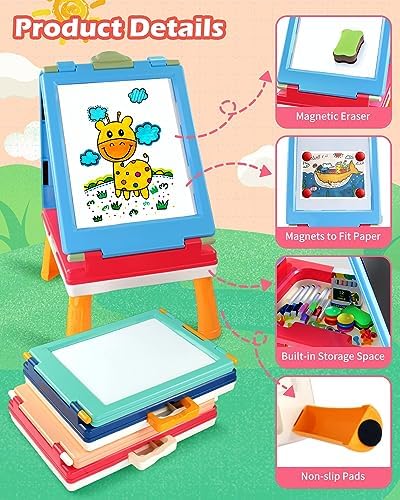 Elovien Foldable Art Easel for Kids, Double Sided with Chalkboard & Magnetic Dry Erase Board, Height Adjustable Desktop Easel, Educational Gift for Girls (Pink)