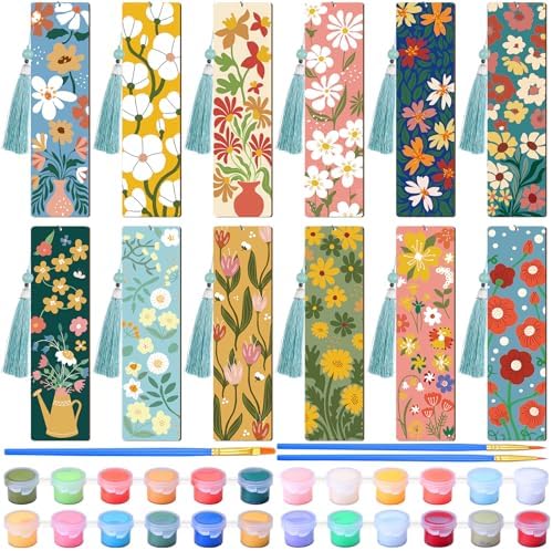 Kosiz 12 Pcs Butterfly Flowers Paint by Number Kit for Adult Wood Bookmark | Mini Paint by Numbers Kit, Painting Decor, Tassels Blank Bookmarks, for Small DIY Craft Book Lovers Gift 7x2 ''