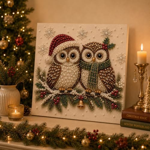LJSCQF DIY Christmas Pearl Diamond Painting Art Kit with Frame, Home Wall Decor Art Craft Kit, Holiday Christmas Wall Decor, Handmade Home Decoration Gift (Owls, 12x12in)