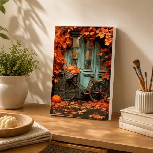 Spandrel Autumn Framed Paint by Numbers Kit for Adult Bicycle, Adult Paint by Number Kits on Canvas Fall Landscape, DIY Acrylic Oil Halloween Painting by Numbers for Home Wall Decor, 8x12in
