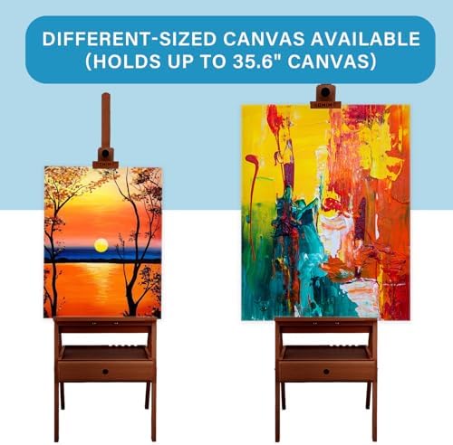 Large Beechwood H-Frame Studio Easel Stand with Storage Drawer, Walnut | Height Adjustable to 35Inches High, Suitable for Painting, Sketching and Displaying