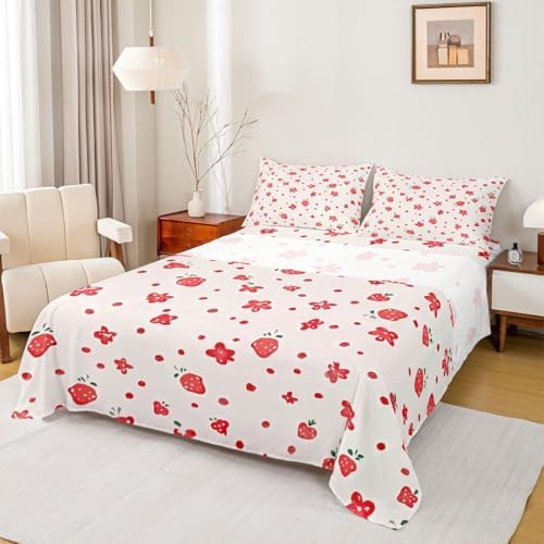 Strawberry Flower Bed Sheet Set Queen Size Red Fruit Floral Theme Mattress Cover Sweet Style Lovely Sheets for Boys Girls Bedroom White Red with Flat,Fitted Sheet Pillowcase 4Pcs