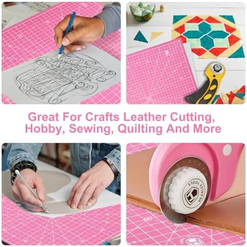 Headley Tools 17"x17" Rotating Cutting Mat, Self Healing Mat with 360-Degree Rotation & Anti-Slip Base, Sewing Board Cutting Mat Perfect for Fabric Quilting Leather Hobby Project, Pink
