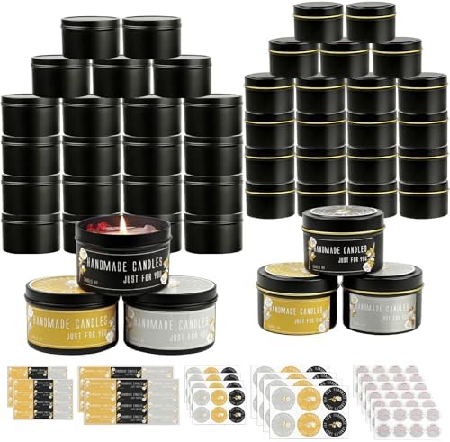 CONNOO 48 Pack - 24pcs 8oz & 24pcs 4oz Matte Black Candle Tins with Lids