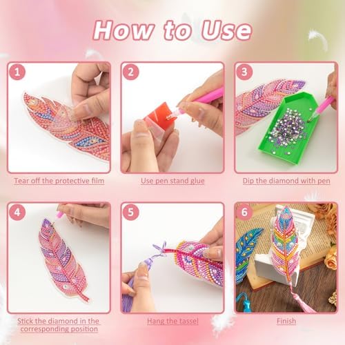 6 Pcs 5D Diamond Painting Art Kit, DIY Acrylic Crystal Diamond Bookmarks with Tassel, Flower & Feather Designs, Handmade Crafts BookMark Gift for Book Lovers, Women & Teenage, Creative Decor