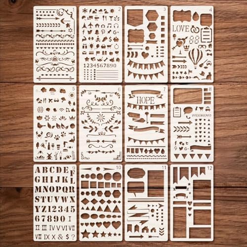 12pcs Journal Stencils 4 * 7 Inch Reusable Plastic Templates Set Planner Stencils Paint Template Bullet Journaling Supplies for Daily Planner Weekly Schedule Habit Tracker Note
