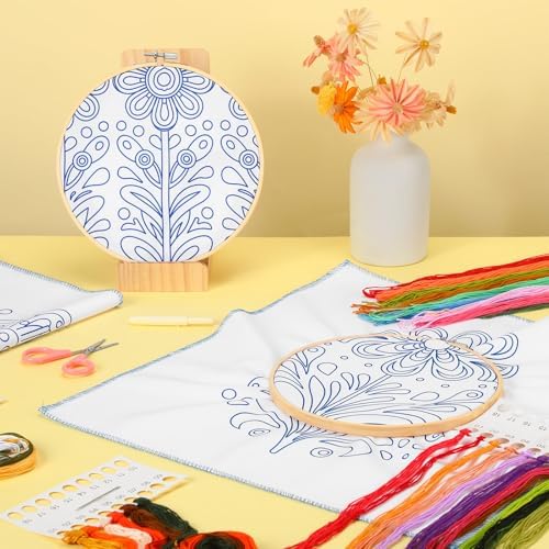 Tioncy 8 Sets Mexican Embroidery Napkins Kit 17.7 x 16.5 Inch Servilletas Para Bordar a Mano Including Mexican Napkin Bamboo Hoop Color Threads and Needles for Beginner Adult DIY Hand Craft Lover Gift