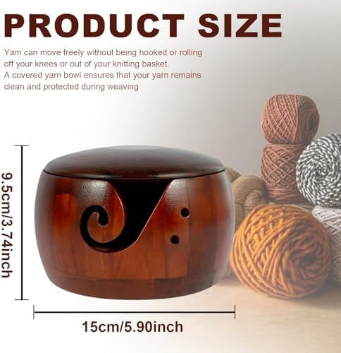 Wooden Yarn Bowl with Lid, Crochet Yarn Bowl with Holes Storage, 5.9x3.7in Knitting Bowl for Handmade Crocheting Accessories, Yarn Storage Bowls for Knitting and Crocheting