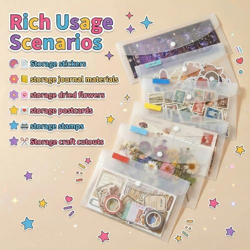 Sticker Organizer, Clear Plastic Envelopes with Snap, 12 Pack Waterproof and Durable for Sticker Storage, Scrapbook Storage, Washi Tape, Scrapbooking & Stamping Supplies (5 x 7 Inches)