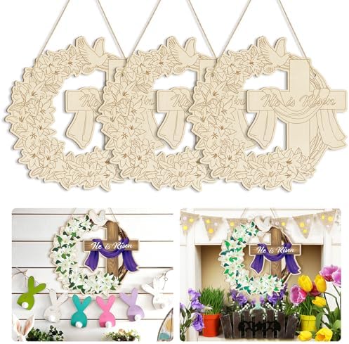 Large Size 12" Wooden Easter Ornaments to Paint, Wooden DIY Blank Unfinished Christian Religious Ornament Happy Easter Jesus He is Risen Door Sign Lily Cross Hanging Plaque Crafts Hanging Decorations