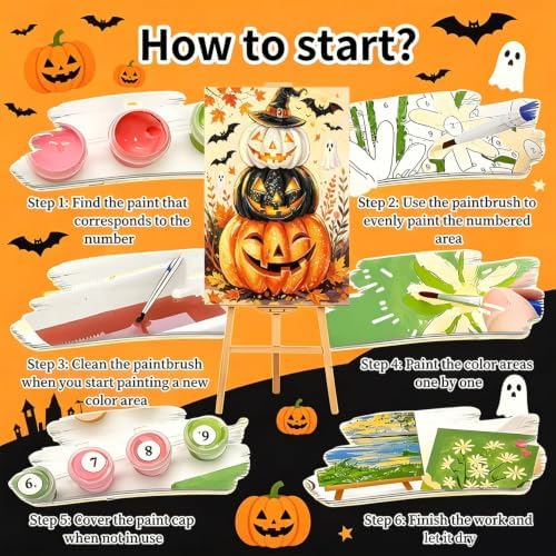 4 Pack Halloween Framed Paint by Numbers Kit for Adults Beginners 8x12 inch | Halloween Adult Paint by Number Kits on Canvas with Frame - Wooden Easel, DIY Acrylic Oil Painting Kits for Gift Home Decor