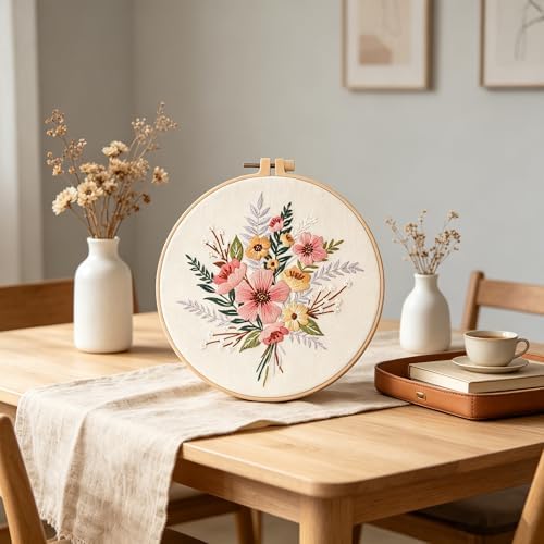 Silentsea Embroidery Kit, Floral and Nature Designs, with Hoops, Needlework Pattern Set (Flower)