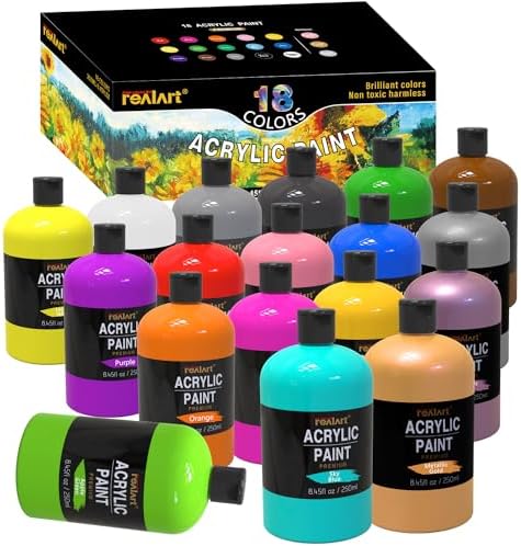 REALART Large Acrylic Paint Set (8.45oz / 250ml) Bulk Acrylic Paint Bulk Art Supplies For Canvas Painting