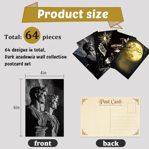 64 Pcs Moody Dark Academia Decor Vintage Postcards, Grunge Room Decor Gothic Wall Art Prints, Victorian Poster Goth Wall Collage Kit Halloween Decorations for Dorm, 4x6