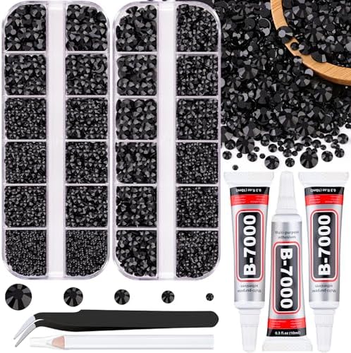Resin Jelly Rhinestones for Crafting with B7000 Jewelry Glue, 2 Boxes Black Flatback Crystals with 3Pcs 10ml Glue, Bedazzling Non Hotfix Gems for DIY Tumblers Clothing Shoes Manicure