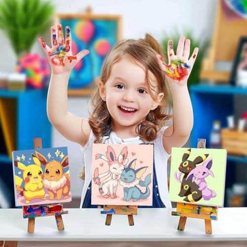 LWZAYS 4 Pack Cartoon Paint by Number for Kids with Wooden Frame-Paint by Numbers for Kids Ages 4-8-12, DIY Paints with Numbers Easy Acrylic Oil Painting Kits for Home Wall Decor (8X8inch)