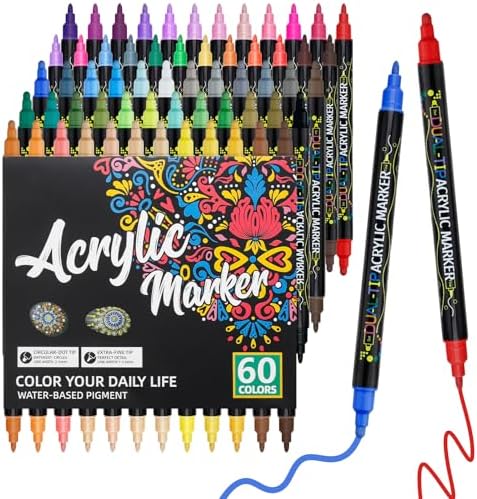 Craiiby 60 Colors Dual Tip Acrylic Paint Pens, Fine Tip & Dot Tip Acrylic Paint Markers, Water-Based Permanent Paint Pens for Rock Painting, Canvas, Glass, Ceramic, Wood, DIY Craft Art Supplies