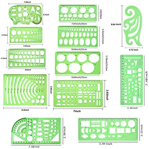 11 Pieces Geometric Drawings Templates Stencils Plastic Measuring Template Rulers Clear Green Shape Template for Drawing Engineering Drafting Building School Office Supplies