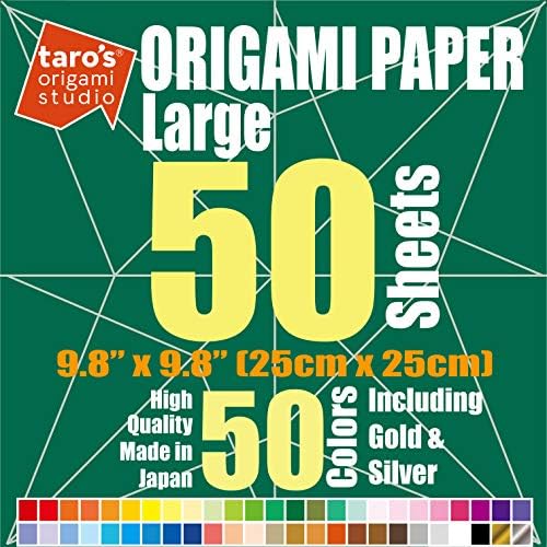 [Taro's Origami Studio] Large 10 Inch One Sided 50 Colors 50 Sheets Square Easy Fold Premium Japanese Paper for Beginner (Gold and Silver Included) Made in Japan