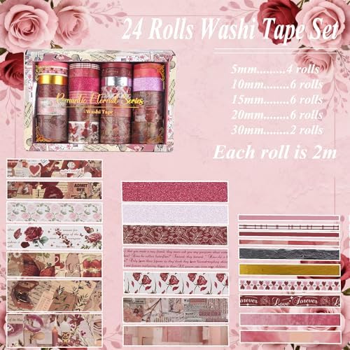 Washi Tape Set, 24 Rolls Red Vintage floral Journaling Supplies,for Christmas Valentine's Day Journaling Supplies Journal Scrapbook Tape, Bullet Journaling Scrapbooking Supplies, DIY Art Decorative