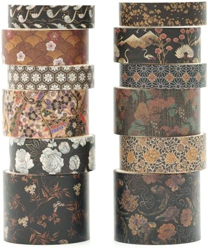 12 Rolls Kyoto Charm Washi Tape Set Japanese Arts Adhesive Tapes Geometric Garden Decorative Masking Tape Sets for Craft, Kids, Scrapbook, DIY, Gift Wrapping (Black Elegance)